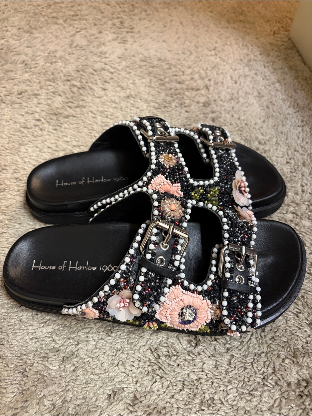 NWOB House of Harlow Sequin Embellished Black Floral Slide Sandals Size 8.5